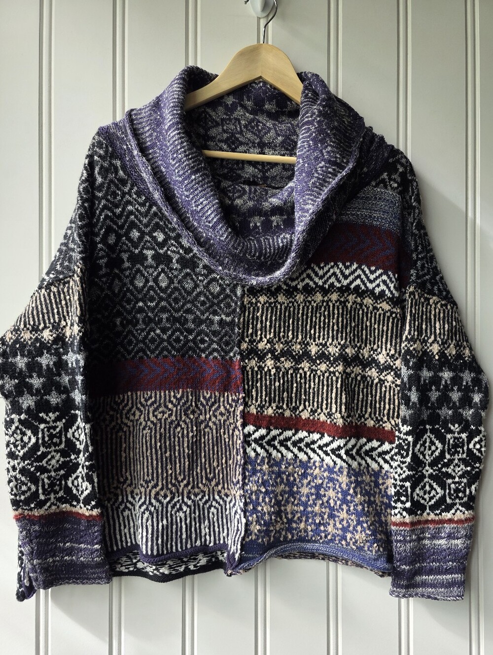 Free People Patchwork Knit Cowlneck Geometric Design Wool Blend Sweater Small